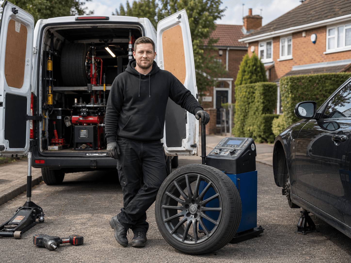 Professional mobile tyre technician beside a fully equipped mobile fitting van with tyre fitting tools